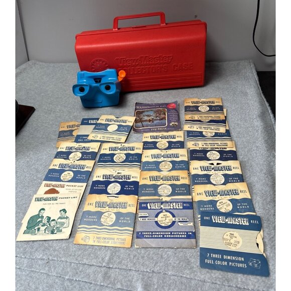 View-Master Vintage Collectors Set With Red Case Blue Viewer & 16 Reels Scenic W